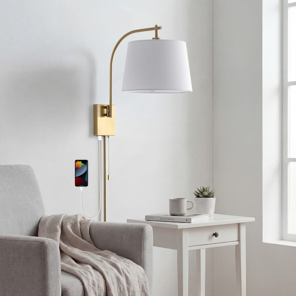 Solaris 22.5" Mid-Century Modern Plug-In or Hardwired Iron LED Gooseneck Swing Arm Wall Sconce with Pull-Chain and USB Charging Port