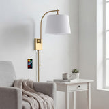 Solaris 22.5" Mid-Century Modern Plug-In or Hardwired Iron LED Gooseneck Swing Arm Wall Sconce with Pull-Chain and USB Charging Port