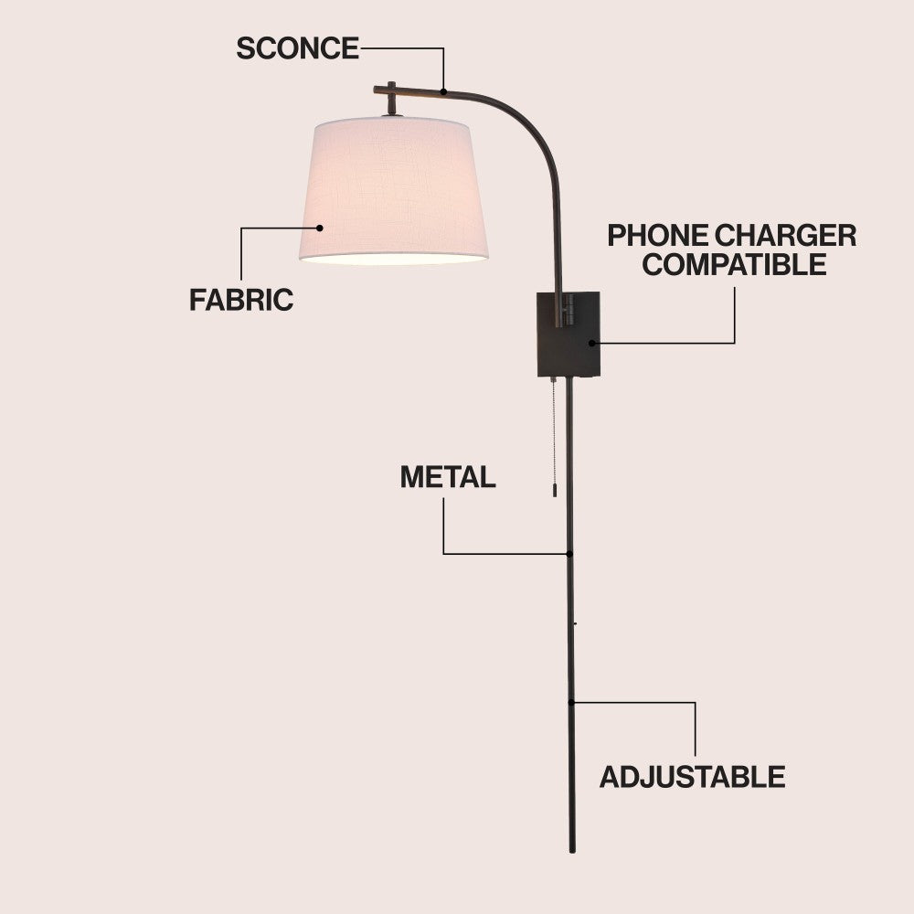 Solaris 22.5" Mid-Century Modern Plug-In or Hardwired Iron LED Gooseneck Swing Arm Wall Sconce with Pull-Chain and USB Charging Port