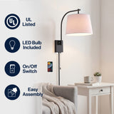 Solaris 22.5" Mid-Century Modern Plug-In or Hardwired Iron LED Gooseneck Swing Arm Wall Sconce with Pull-Chain and USB Charging Port