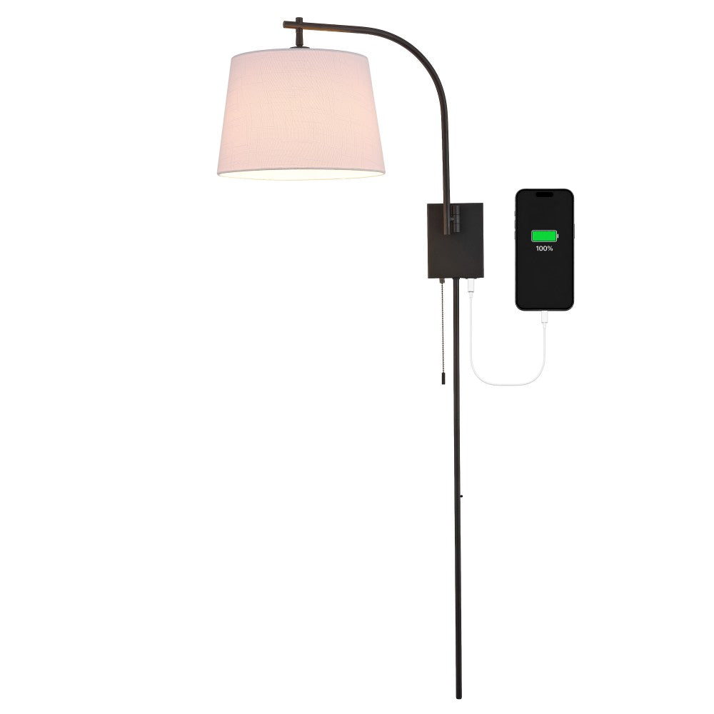 Solaris 22.5" Mid-Century Modern Plug-In or Hardwired Iron LED Gooseneck Swing Arm Wall Sconce with Pull-Chain and USB Charging Port