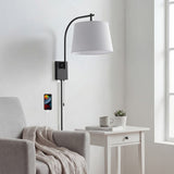 Solaris 22.5" Mid-Century Modern Plug-In or Hardwired Iron LED Gooseneck Swing Arm Wall Sconce with Pull-Chain and USB Charging Port