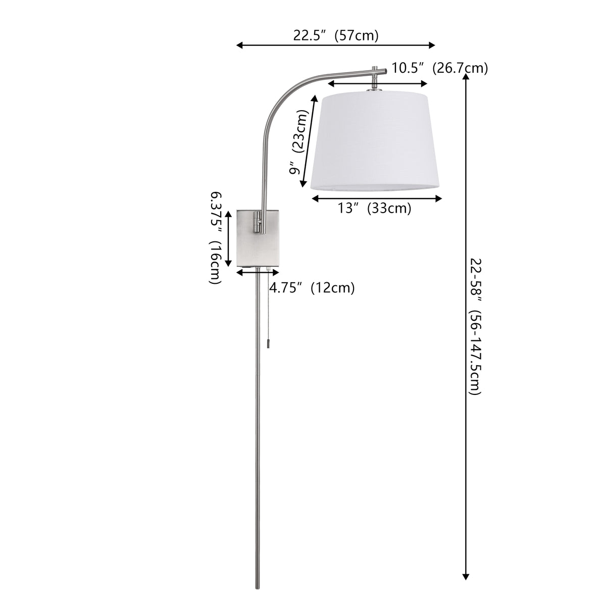 Solaris 22.5" Mid-Century Modern Plug-In or Hardwired Iron LED Gooseneck Swing Arm Wall Sconce with Pull-Chain and USB Charging Port