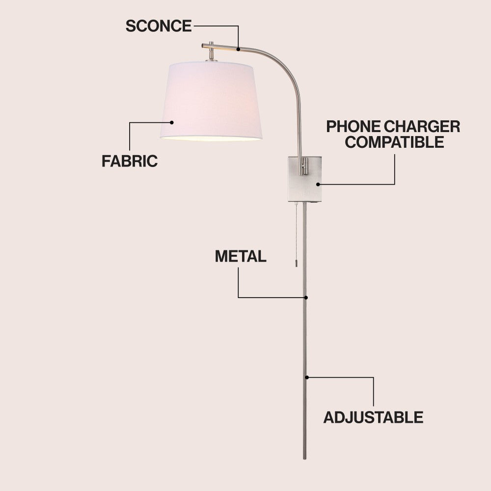 Solaris 22.5" Mid-Century Modern Plug-In or Hardwired Iron LED Gooseneck Swing Arm Wall Sconce with Pull-Chain and USB Charging Port