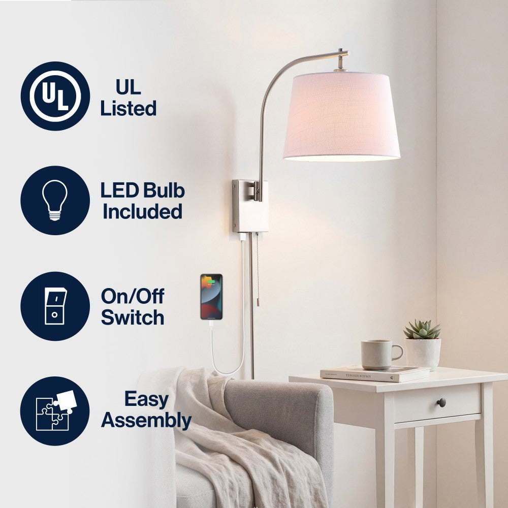 Solaris 22.5" Mid-Century Modern Plug-In or Hardwired Iron LED Gooseneck Swing Arm Wall Sconce with Pull-Chain and USB Charging Port