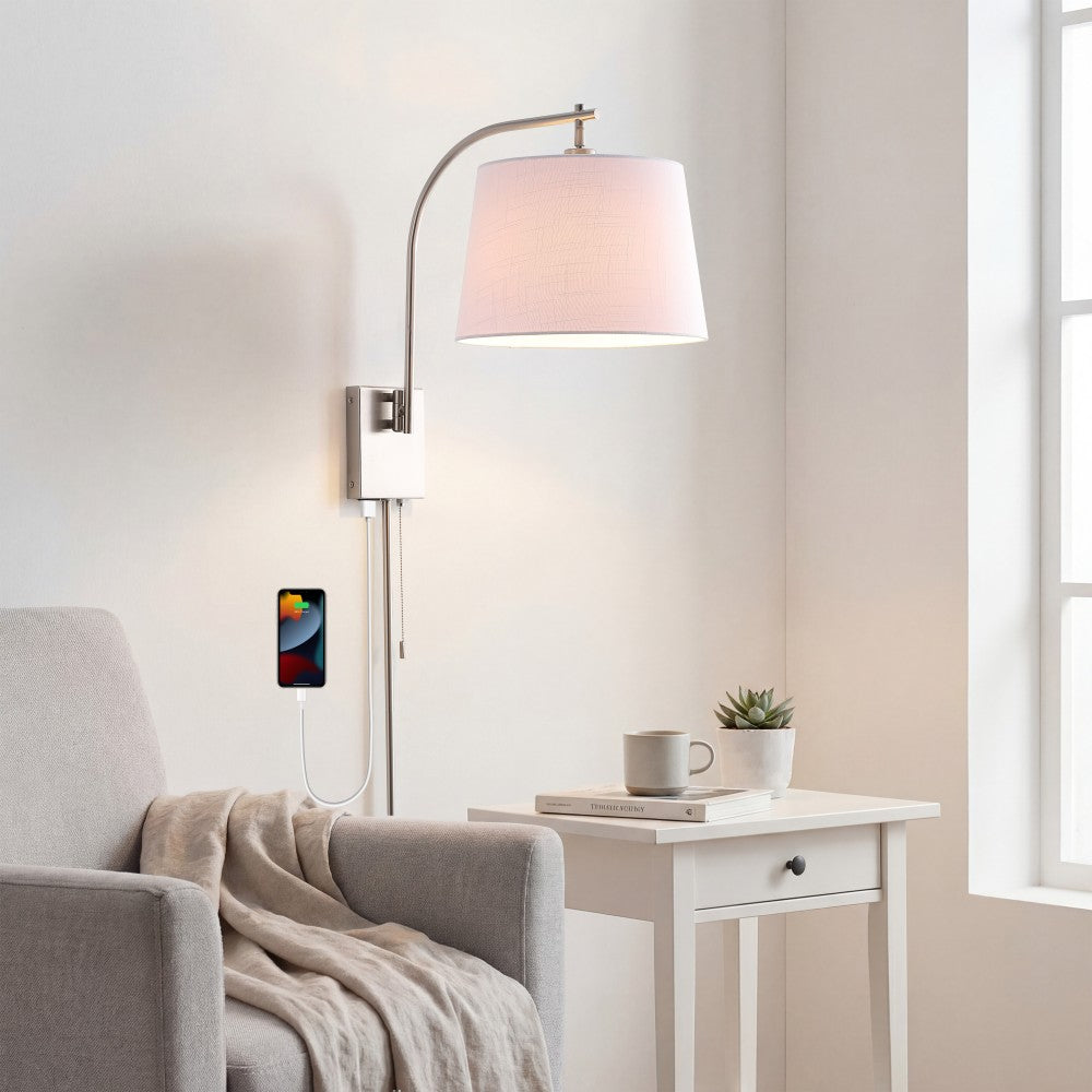 Solaris 22.5" Mid-Century Modern Plug-In or Hardwired Iron LED Gooseneck Swing Arm Wall Sconce with Pull-Chain and USB Charging Port