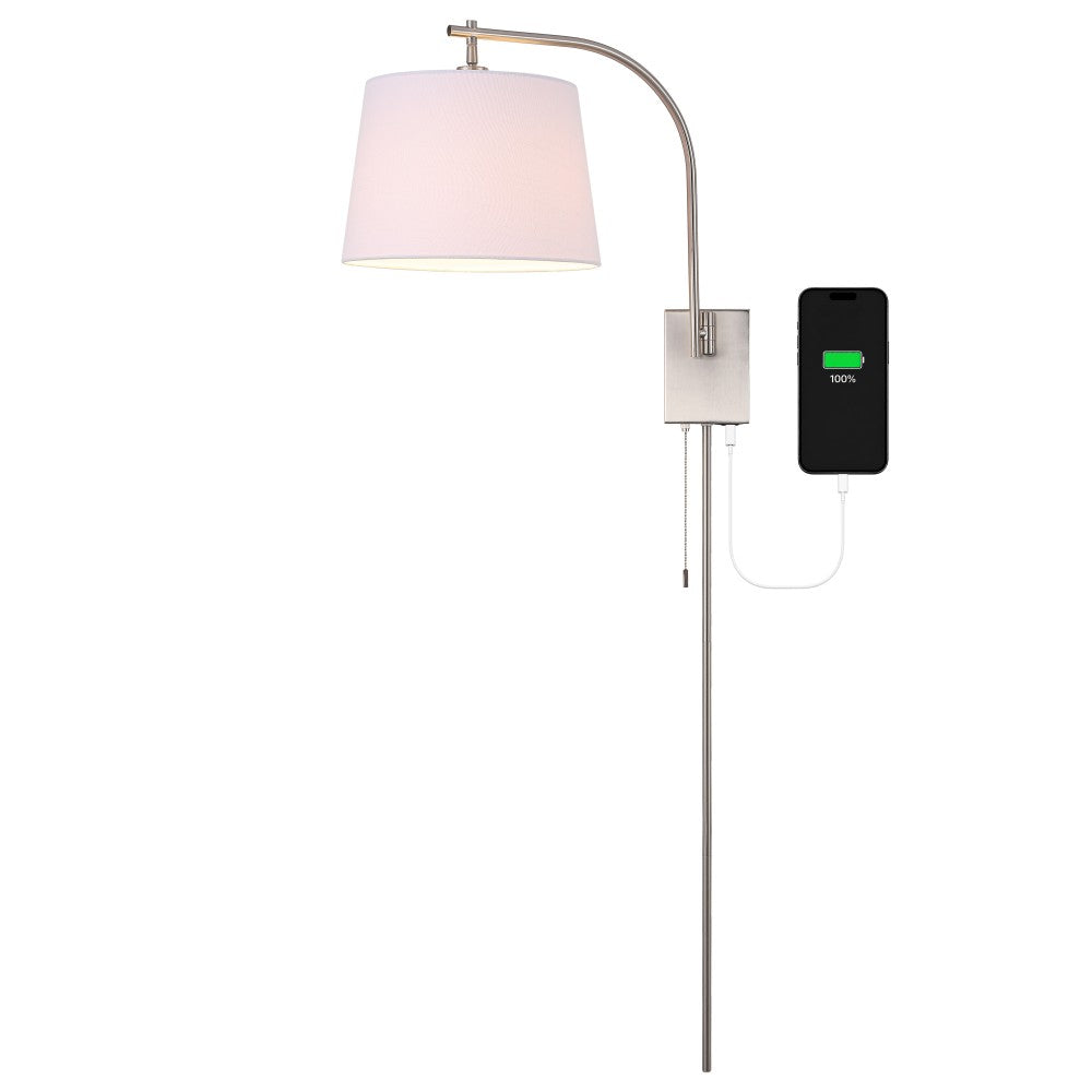 Solaris 22.5" Mid-Century Modern Plug-In or Hardwired Iron LED Gooseneck Swing Arm Wall Sconce with Pull-Chain and USB Charging Port