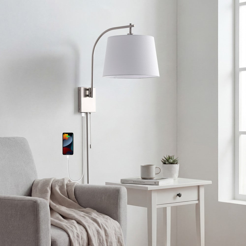 Solaris 22.5" Mid-Century Modern Plug-In or Hardwired Iron LED Gooseneck Swing Arm Wall Sconce with Pull-Chain and USB Charging Port