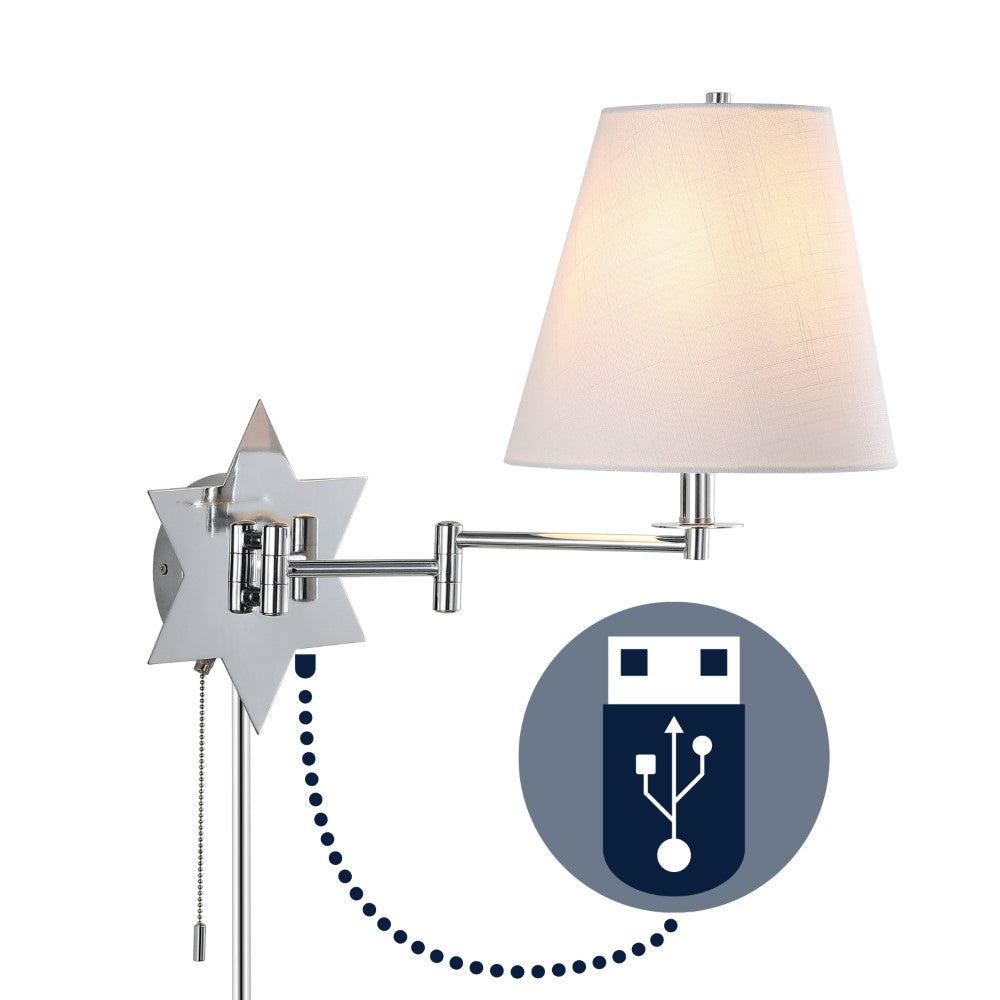 Howe 18.5" Modern French Country Swing Arm Plug-In or Hardwired Iron LED Star Wall Sconce with Pull-Chain and USB Charging Port