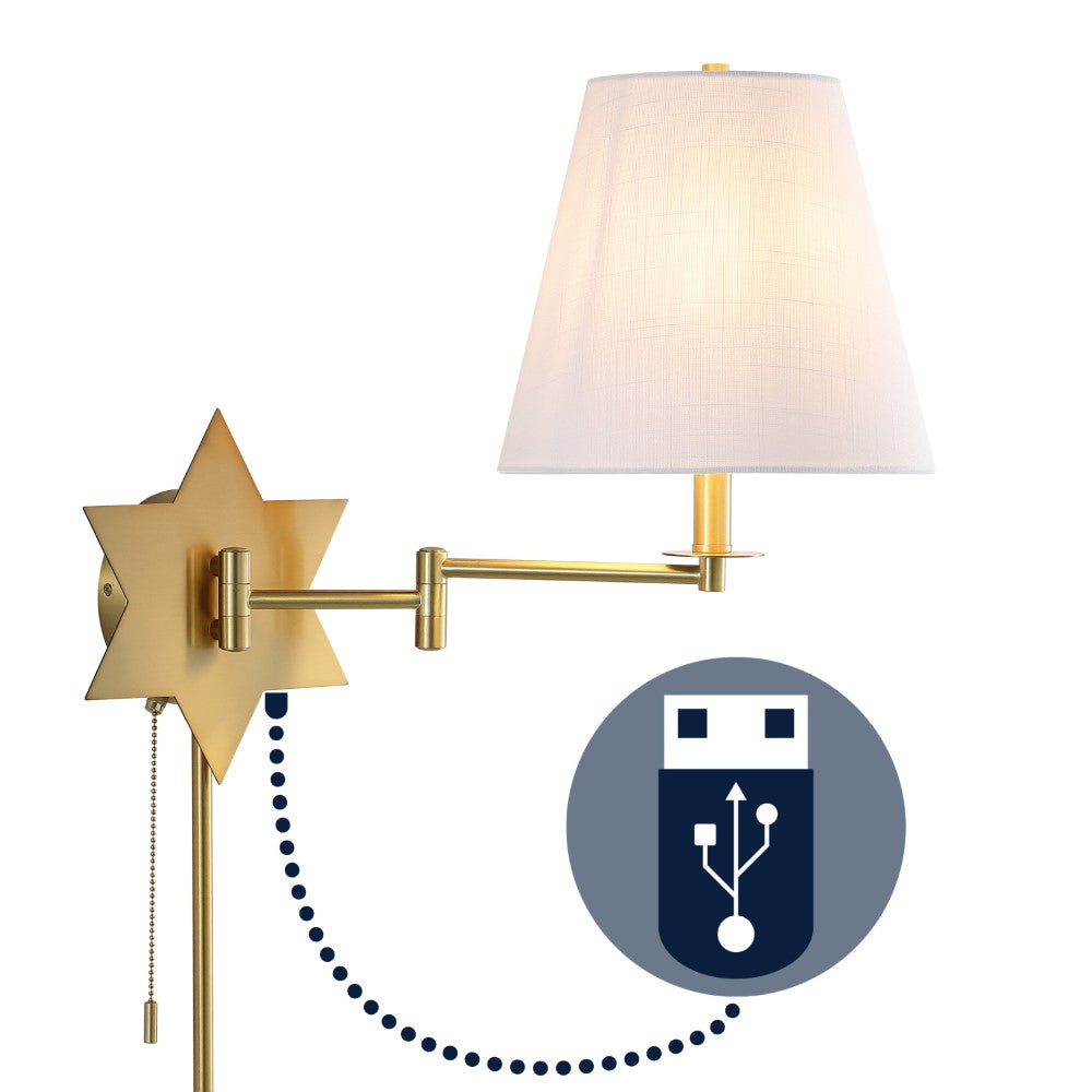Howe 18.5" Modern French Country Swing Arm Plug-In or Hardwired Iron LED Star Wall Sconce with Pull-Chain and USB Charging Port
