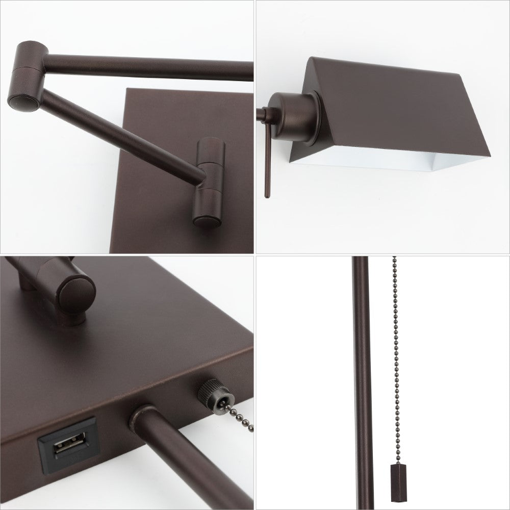 Davis Farmhouse Industrial Single Swing Arm Plug-In or Hardwired Iron LED Wall Sconce with Pull-Chain