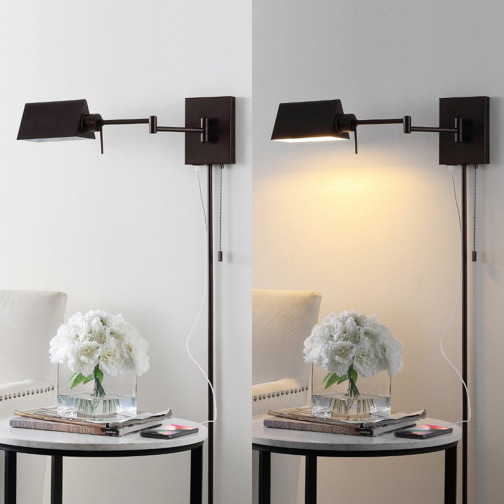 Davis Farmhouse Industrial Single Swing Arm Plug-In or Hardwired Iron LED Wall Sconce with Pull-Chain