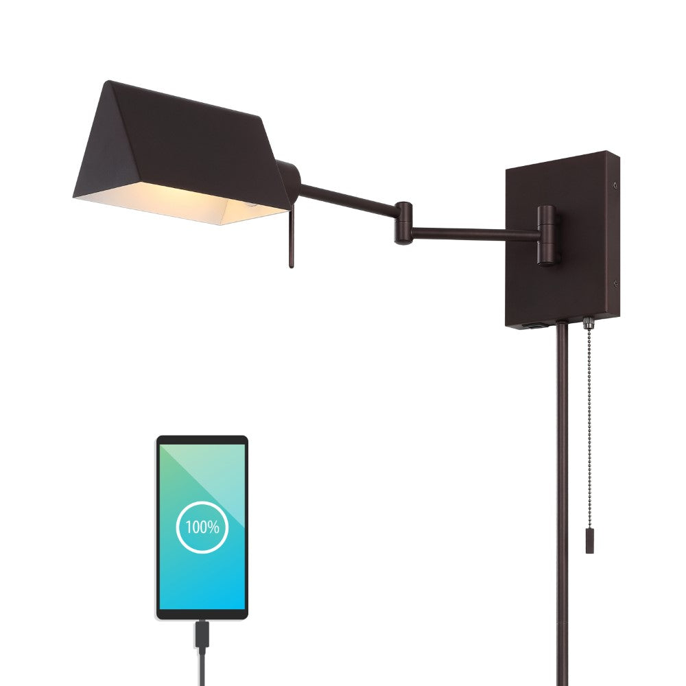 Davis Farmhouse Industrial Single Swing Arm Plug-In or Hardwired Iron LED Wall Sconce with Pull-Chain