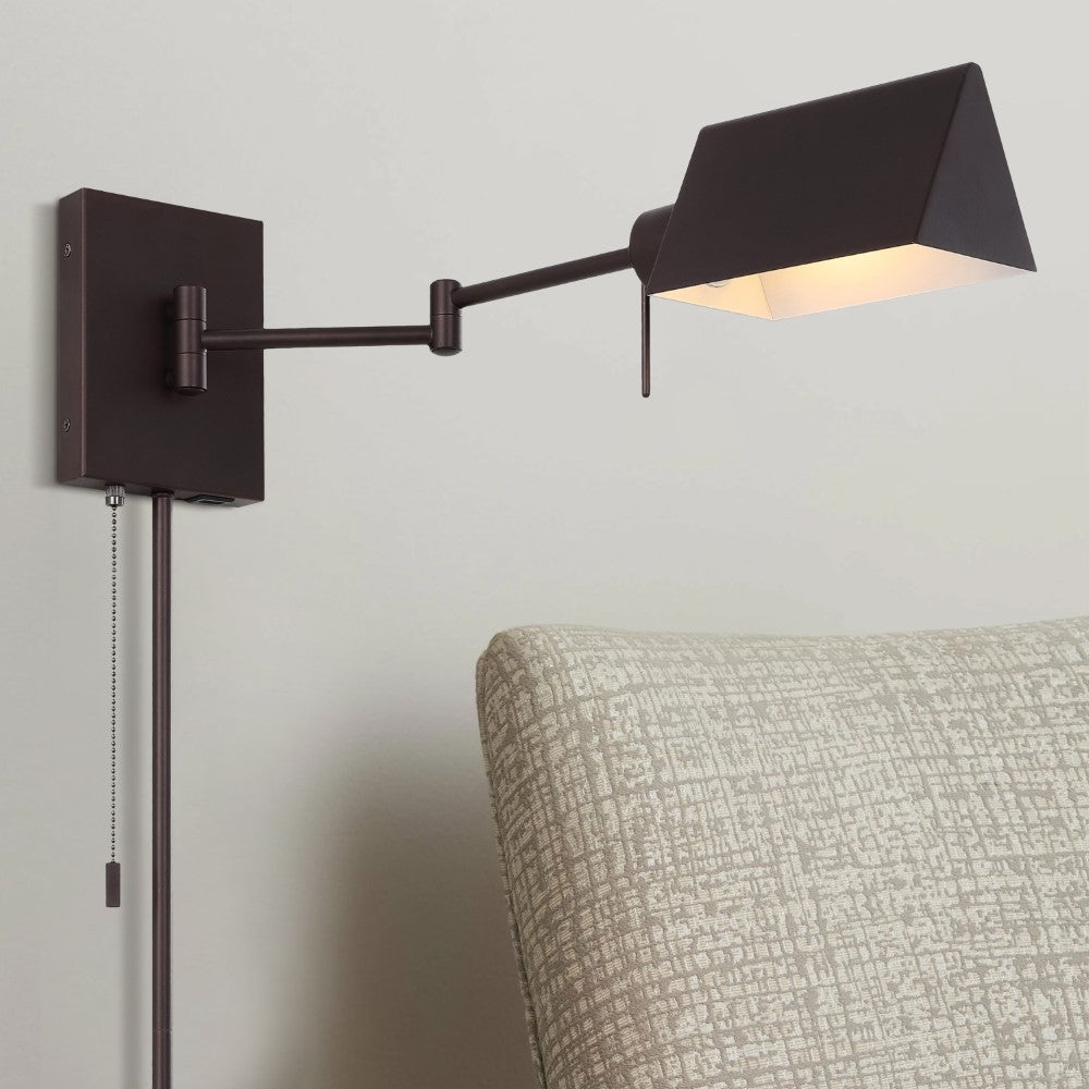 Davis Farmhouse Industrial Single Swing Arm Plug-In or Hardwired Iron LED Wall Sconce with Pull-Chain