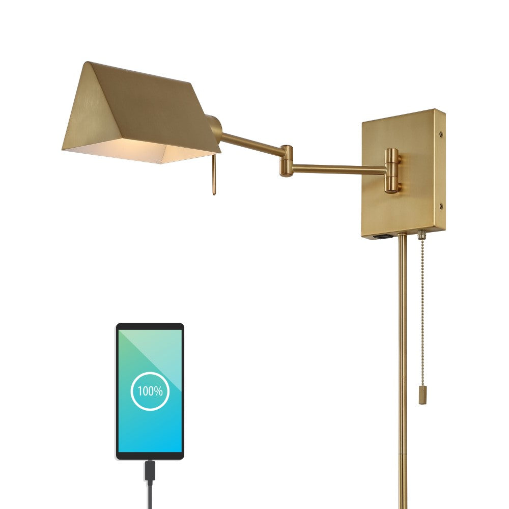 Davis Farmhouse Industrial Single Swing Arm Plug-In or Hardwired Iron LED Wall Sconce with Pull-Chain