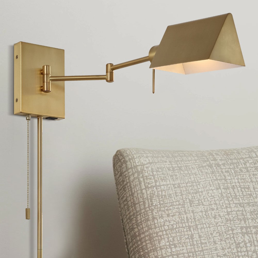 Davis Farmhouse Industrial Single Swing Arm Plug-In or Hardwired Iron LED Wall Sconce with Pull-Chain