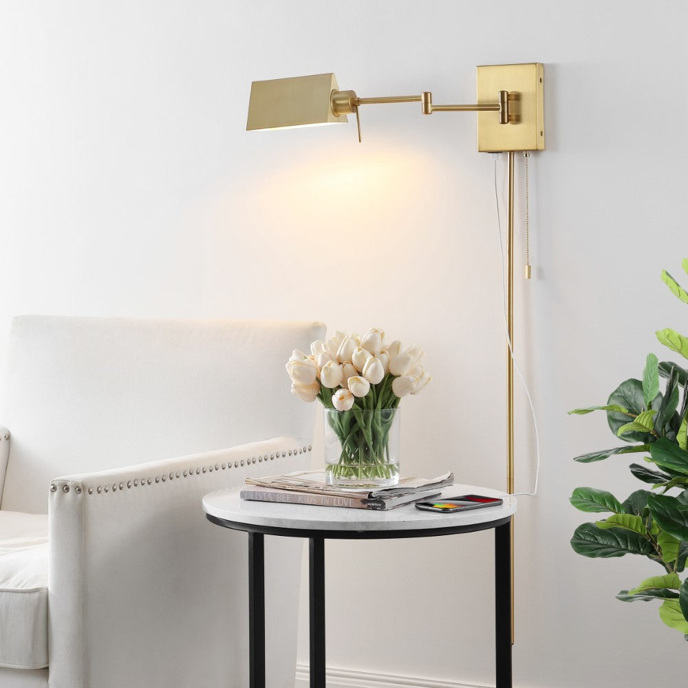 Davis Farmhouse Industrial Single Swing Arm Plug-In or Hardwired Iron LED Wall Sconce with Pull-Chain