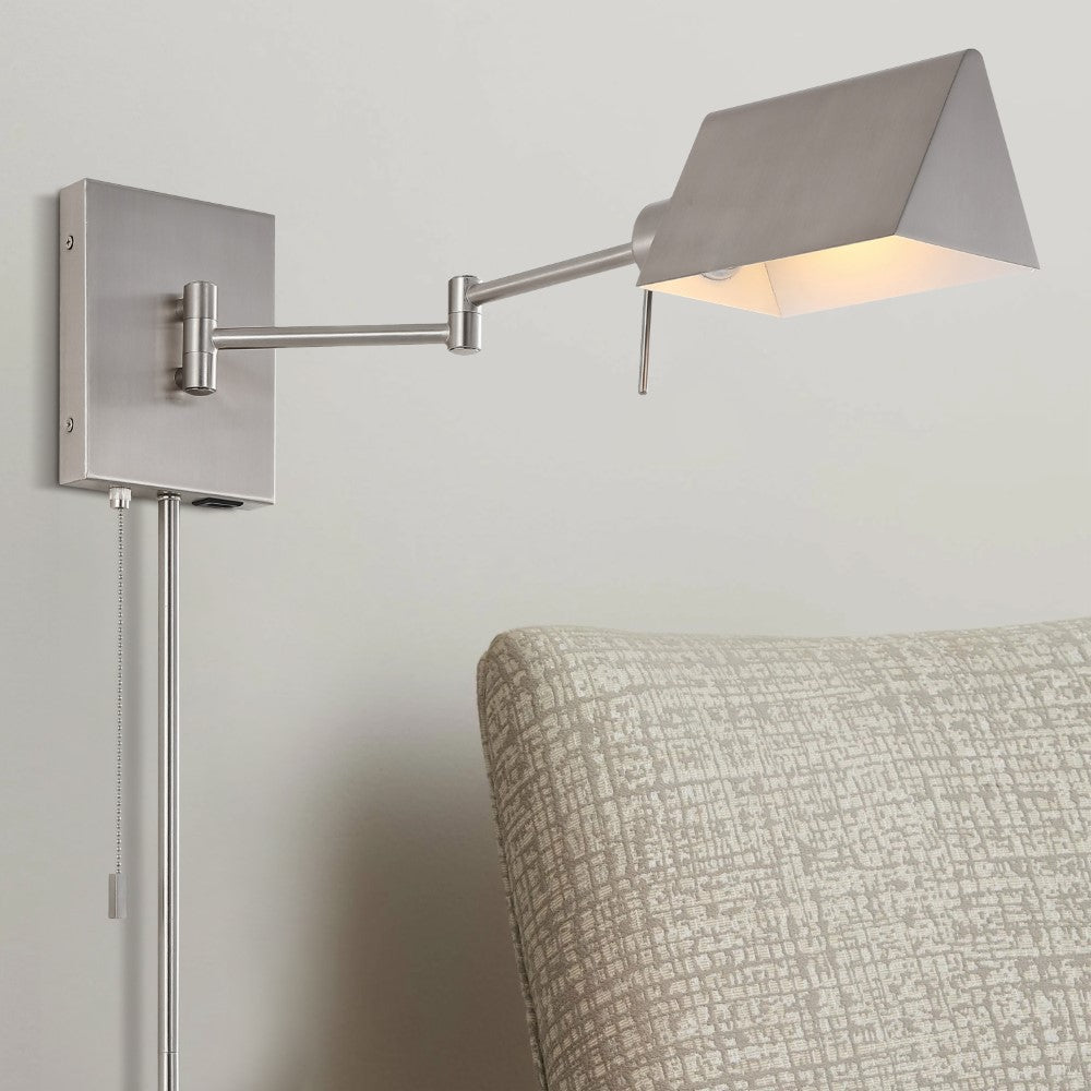 Davis Farmhouse Industrial Single Swing Arm Plug-In or Hardwired Iron LED Wall Sconce with Pull-Chain