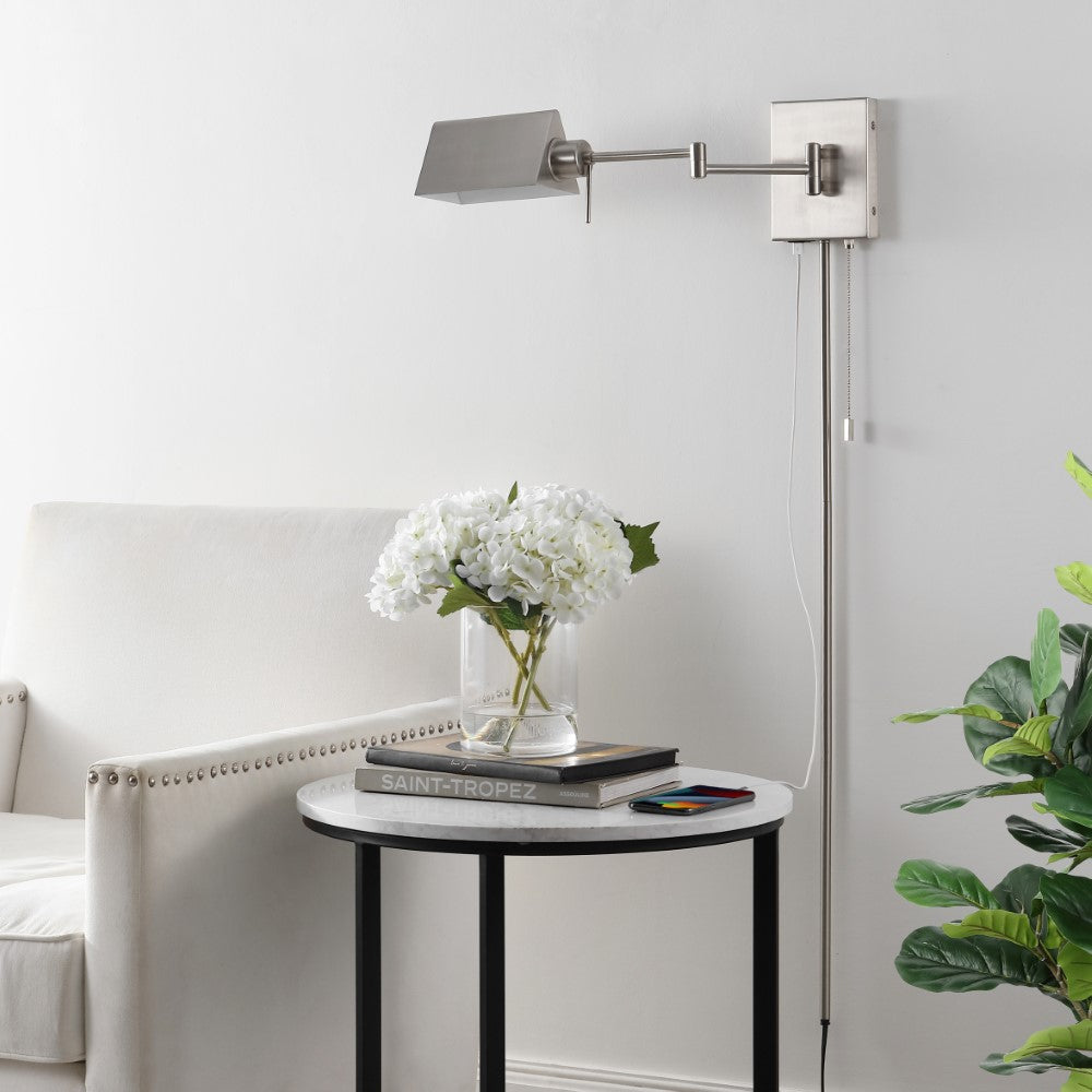 Davis Farmhouse Industrial Single Swing Arm Plug-In or Hardwired Iron LED Wall Sconce with Pull-Chain