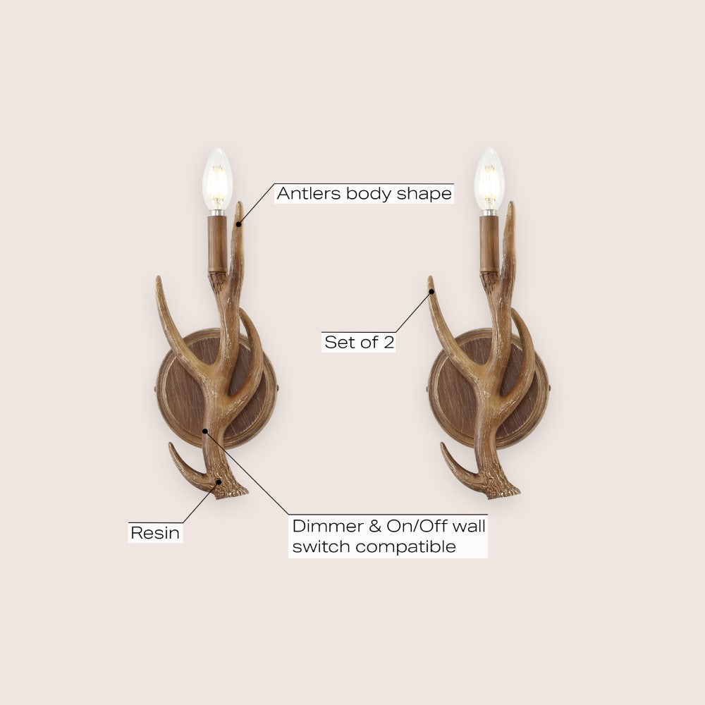European 5.5" 1-Light Southwestern Bohemian Resin/Iron Faux Antler LED Sconce Set 2
