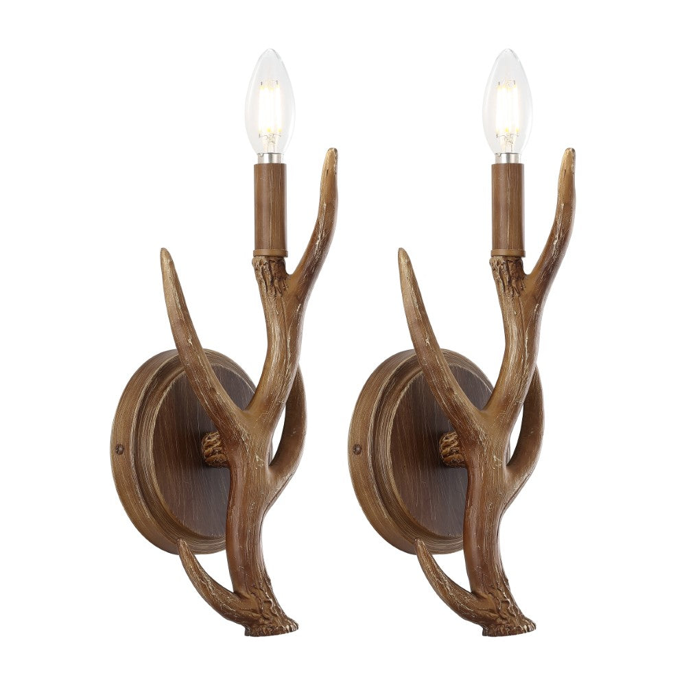 European 5.5" 1-Light Southwestern Bohemian Resin/Iron Faux Antler LED Sconce Set 2
