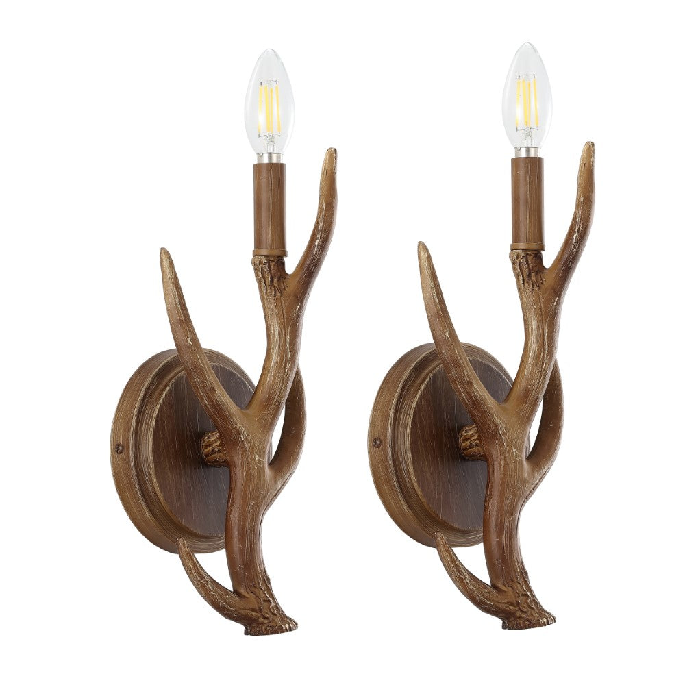 European 5.5" 1-Light Southwestern Bohemian Resin/Iron Faux Antler LED Sconce Set 2