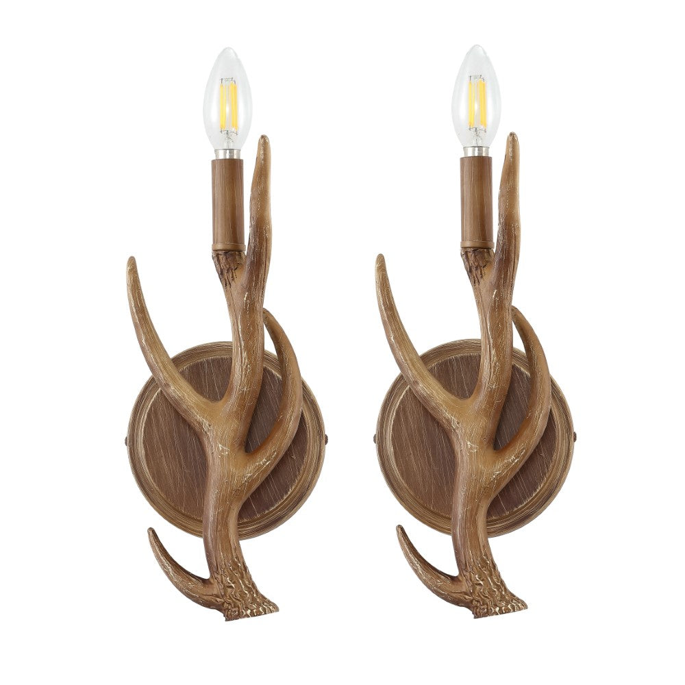 European 5.5" 1-Light Southwestern Bohemian Resin/Iron Faux Antler LED Sconce Set 2