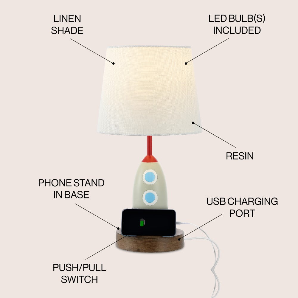 Hamilton 17.5" Coastal Style Iron/Resin Rocket LED Kids' Table Lamp with Phone Stand and USB Charging Port
