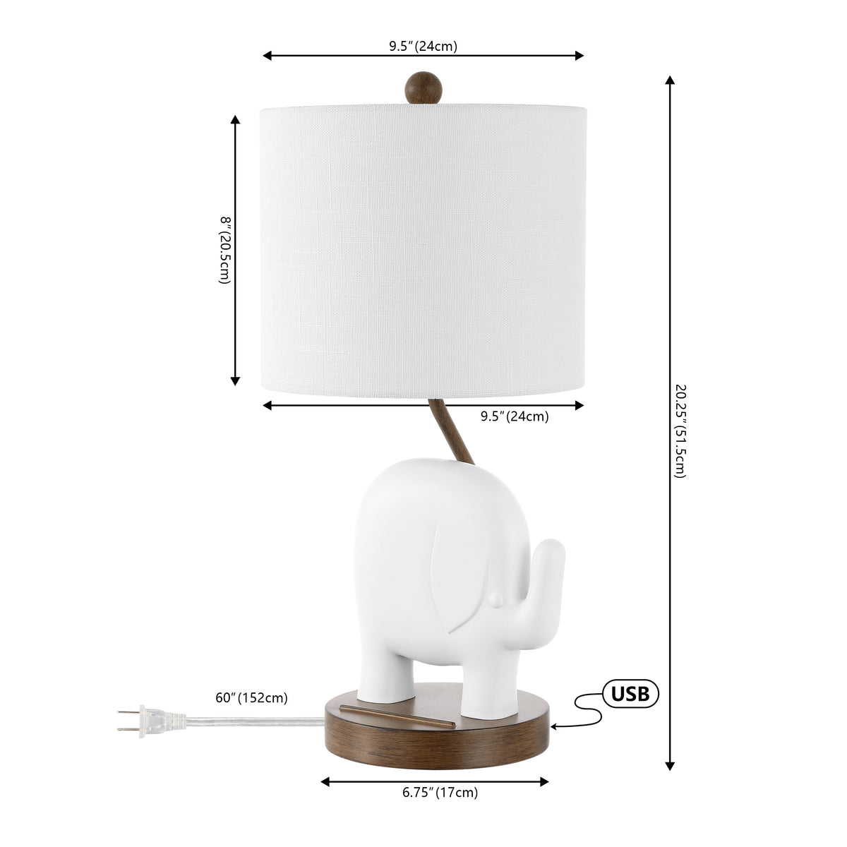 Novelty Bohemian Designer Iron/Resin Elephant LED Kids Table Lamp with Phone Stand and USB Charging Port