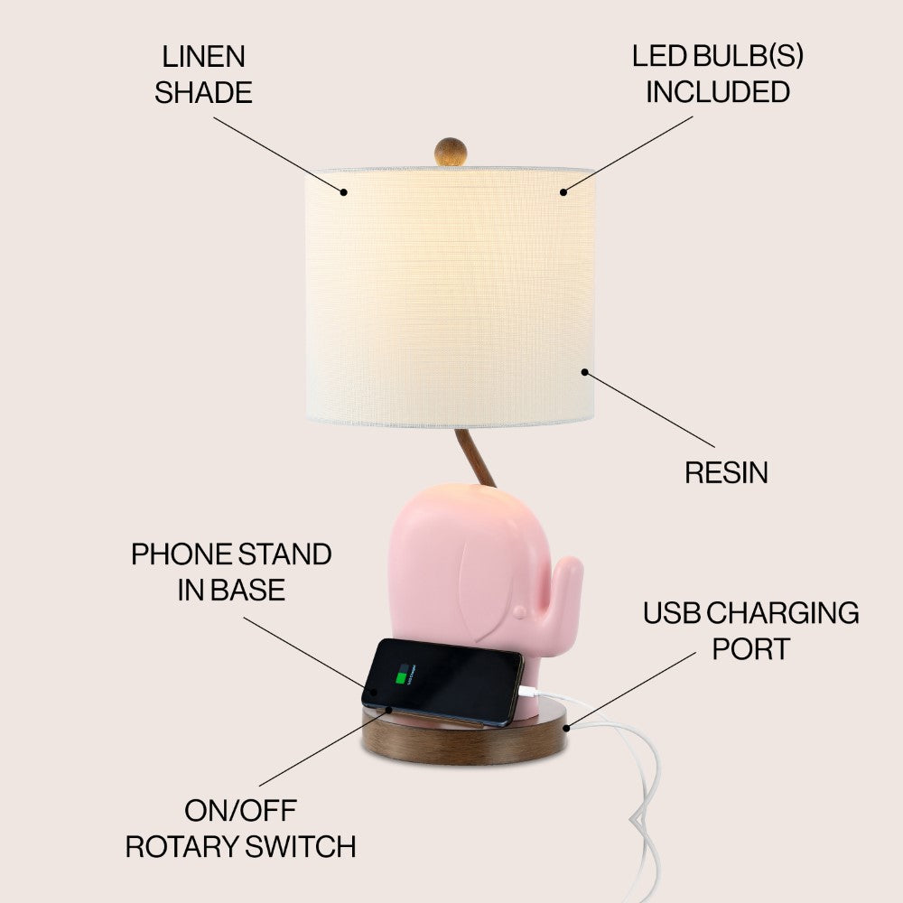 Novelty Bohemian Designer Iron/Resin Elephant LED Kids Table Lamp with Phone Stand and USB Charging Port