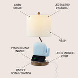 Novelty Bohemian Designer Iron/Resin Elephant LED Kids Table Lamp with Phone Stand and USB Charging Port