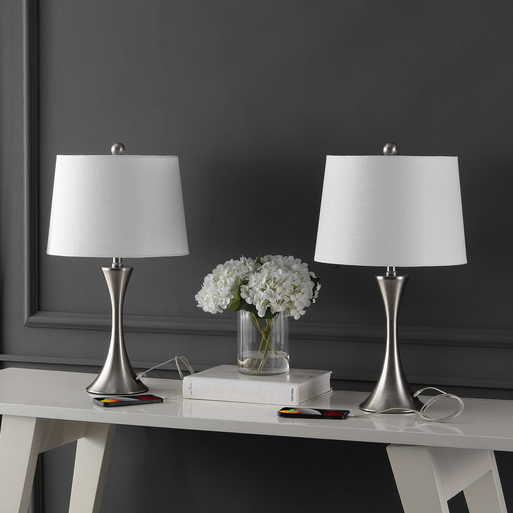 Possini 22.75" Modern Glam Iron Hourglass LED Table Lamp with USB Charging Port Set 2