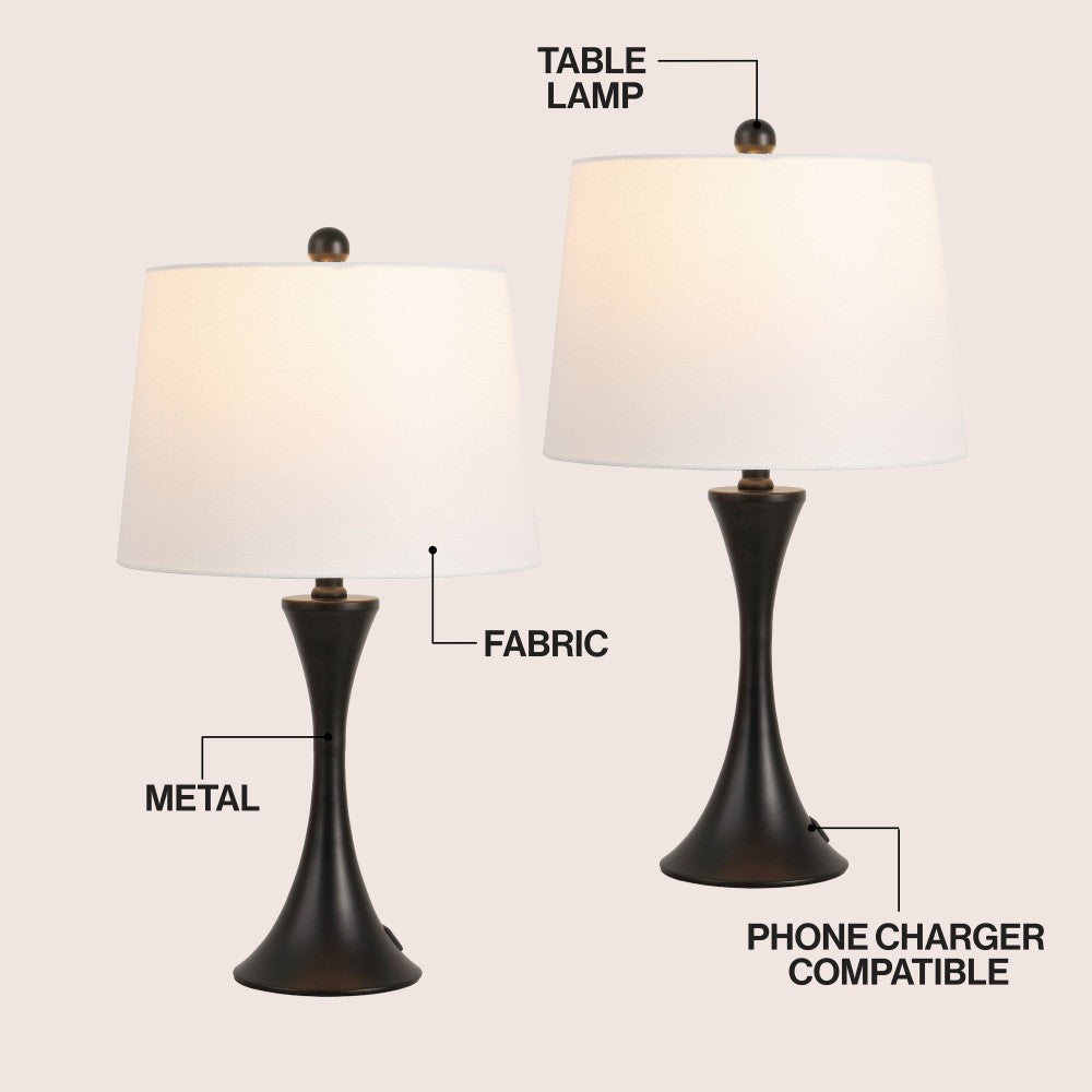 Possini 22.75" Modern Glam Iron Hourglass LED Table Lamp with USB Charging Port Set 2