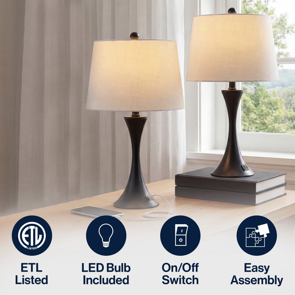 Possini 22.75" Modern Glam Iron Hourglass LED Table Lamp with USB Charging Port Set 2