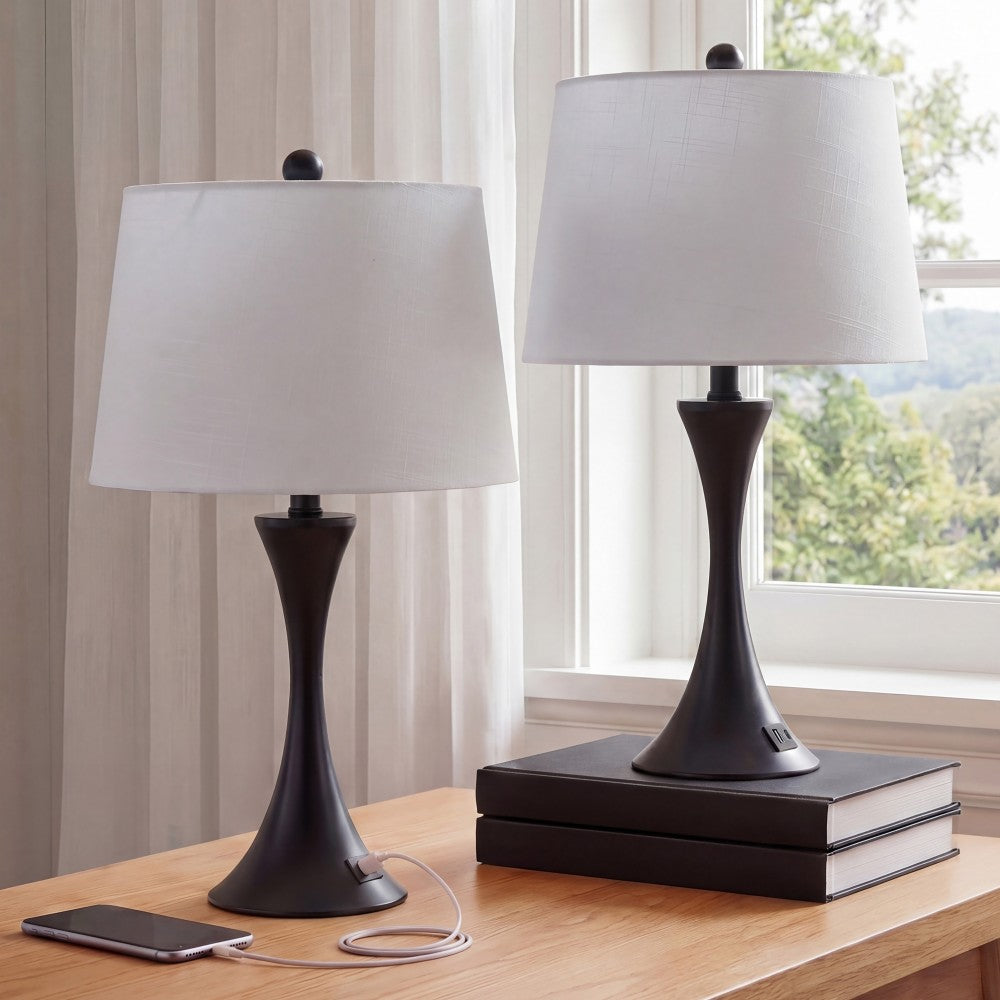 Possini 22.75" Modern Glam Iron Hourglass LED Table Lamp with USB Charging Port Set 2