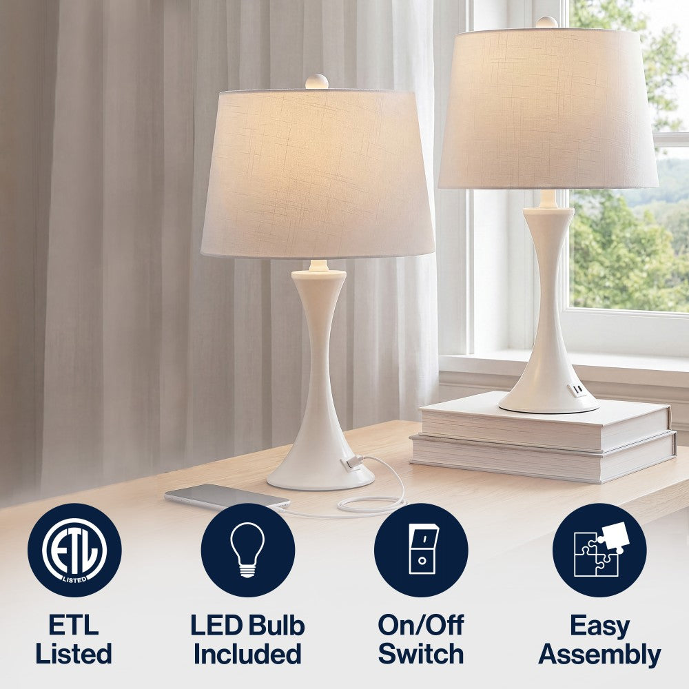 Possini 22.75" Modern Glam Iron Hourglass LED Table Lamp with USB Charging Port Set 2