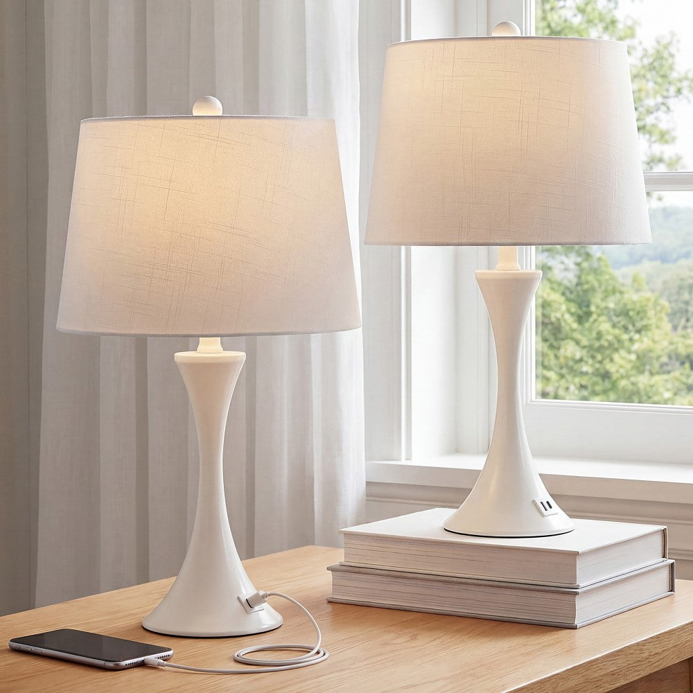 Possini 22.75" Modern Glam Iron Hourglass LED Table Lamp with USB Charging Port Set 2
