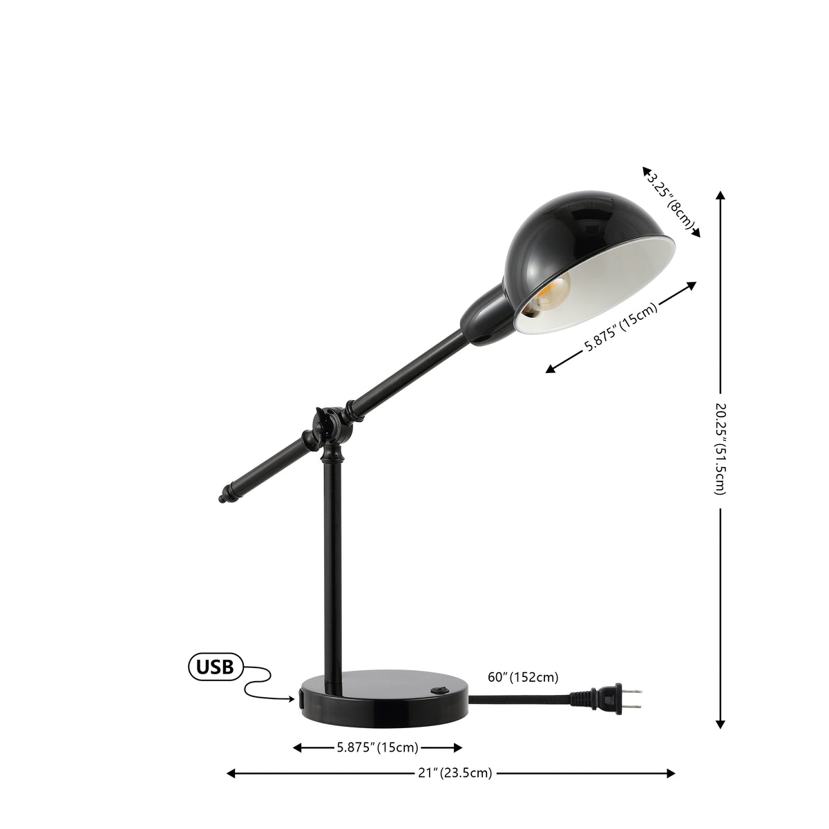Liam 20.25" Vintage Industrial Iron Adjustable Dome Shade LED Task Lamp with USB Charging Port