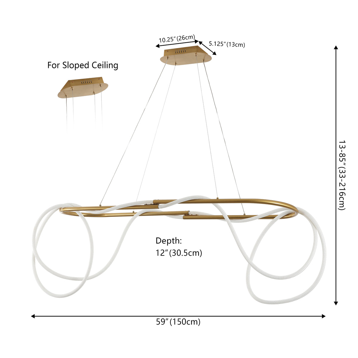 Lisette 59" Contemporary Minimalist 360 Adjustable Silicone Rope/Metal Dimmable Integrated LED Chandelier