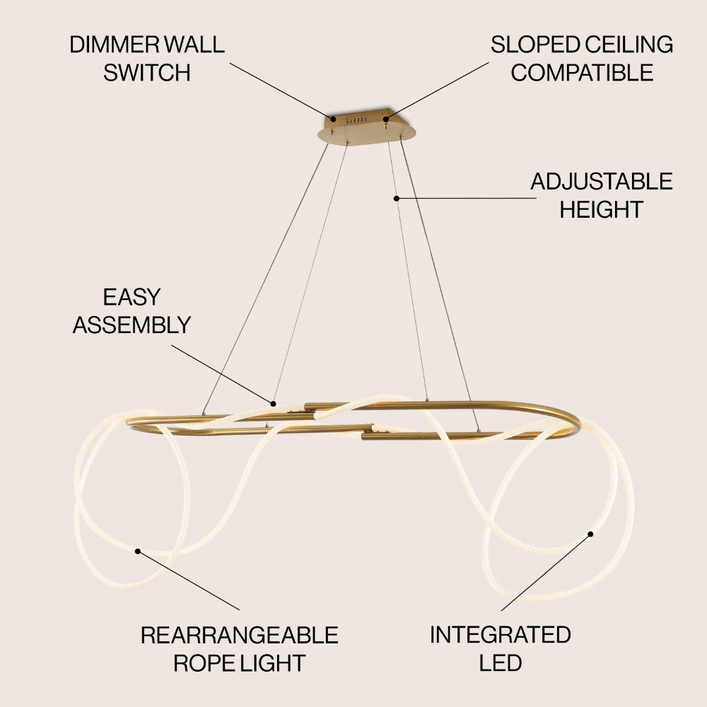 Lisette 59" Contemporary Minimalist 360 Adjustable Silicone Rope/Metal Dimmable Integrated LED Chandelier