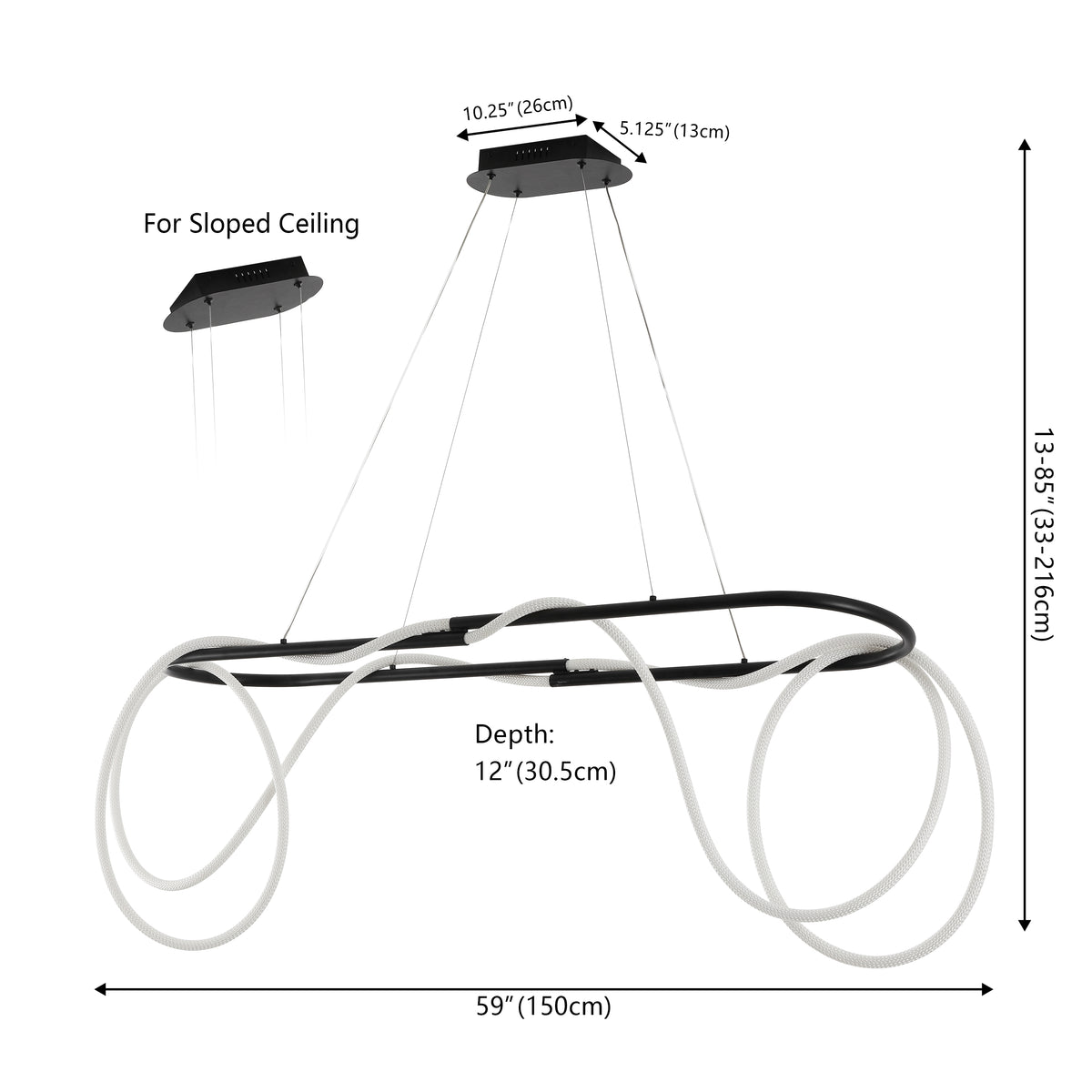 Lisette 59" Contemporary Minimalist 360 Adjustable Silicone Rope/Metal Dimmable Integrated LED Chandelier