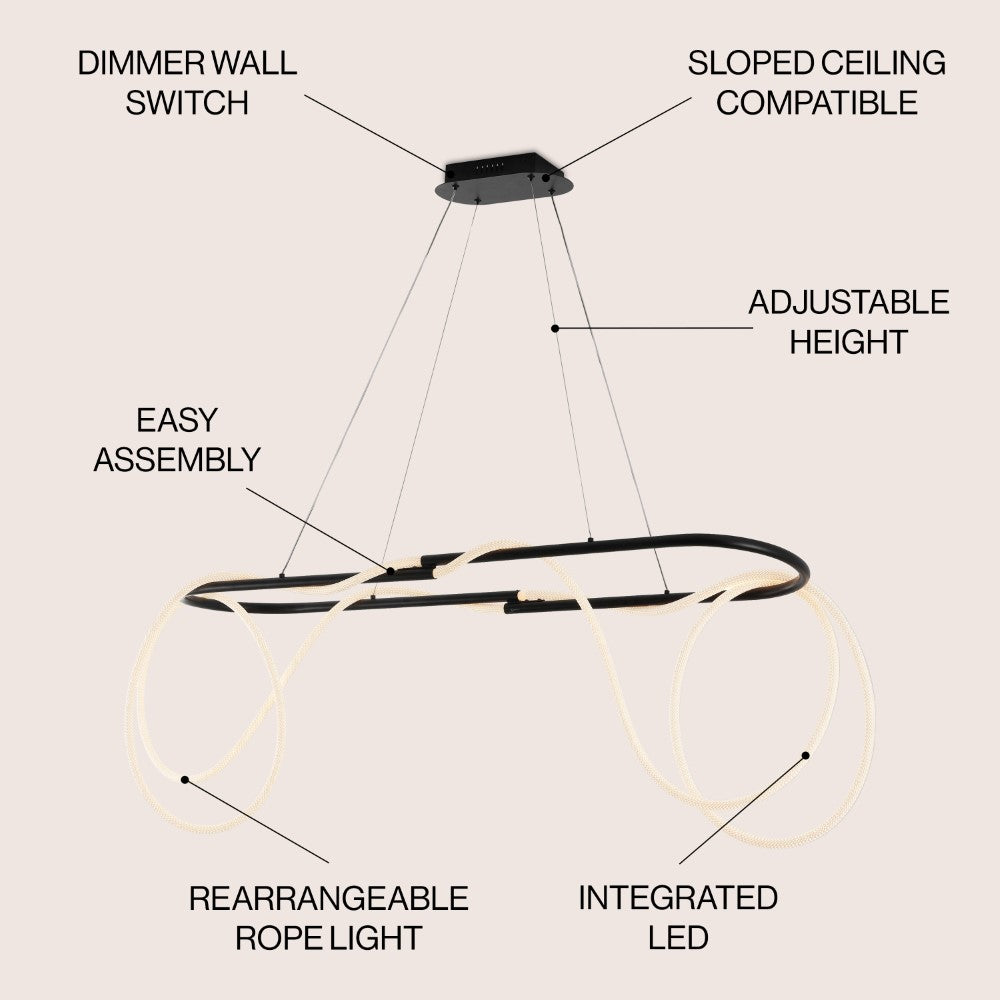 Lisette 59" Contemporary Minimalist 360 Adjustable Silicone Rope/Metal Dimmable Integrated LED Chandelier