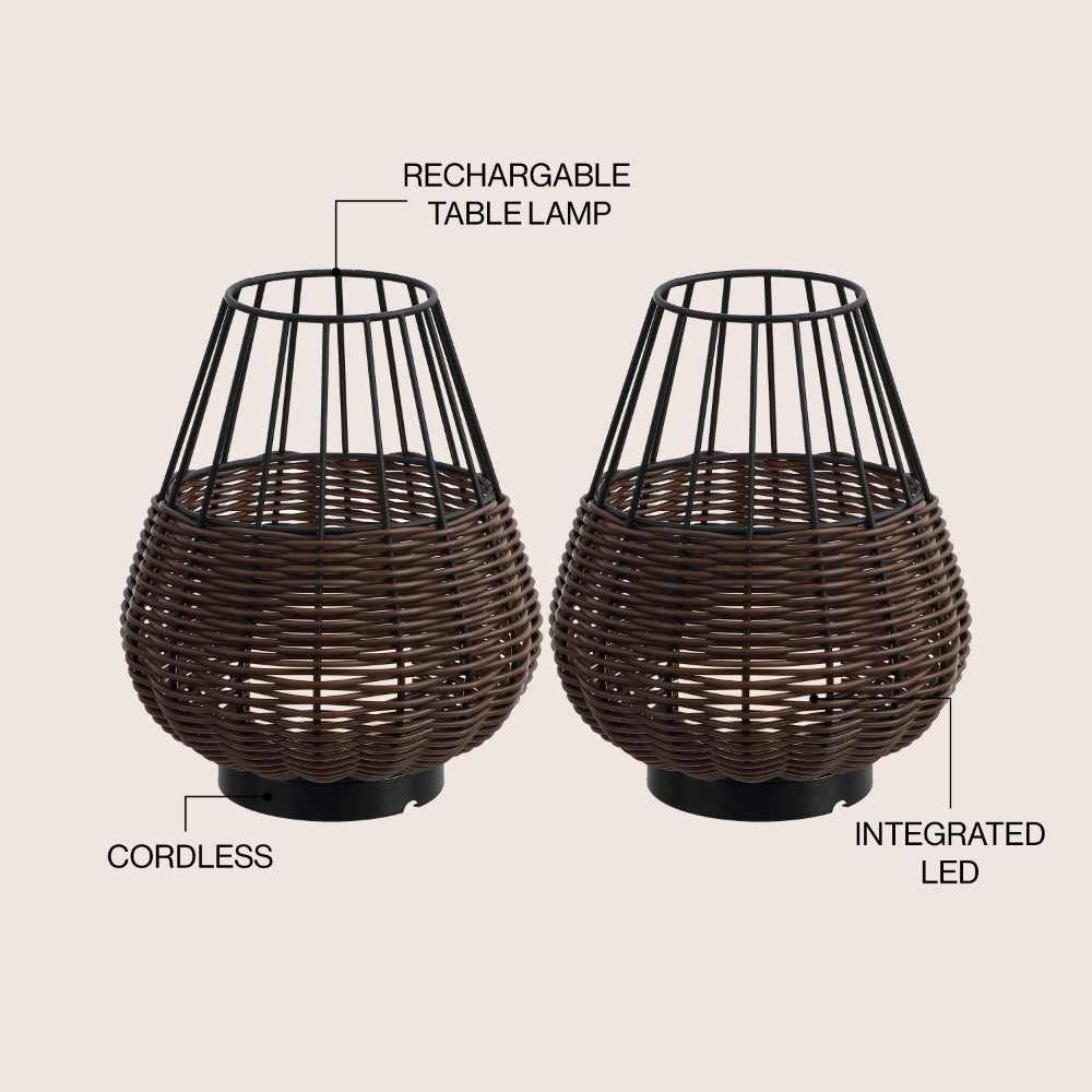 Lyra 10" Modern Rustic Decorative Indoor/Outdoor Faux Wicker Rechargeable/Cordless Dimmable Integrated LED Table Lamp, Set of 2