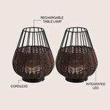Lyra 10" Modern Rustic Decorative Indoor/Outdoor Faux Wicker Rechargeable/Cordless Dimmable Integrated LED Table Lamp, Set of 2