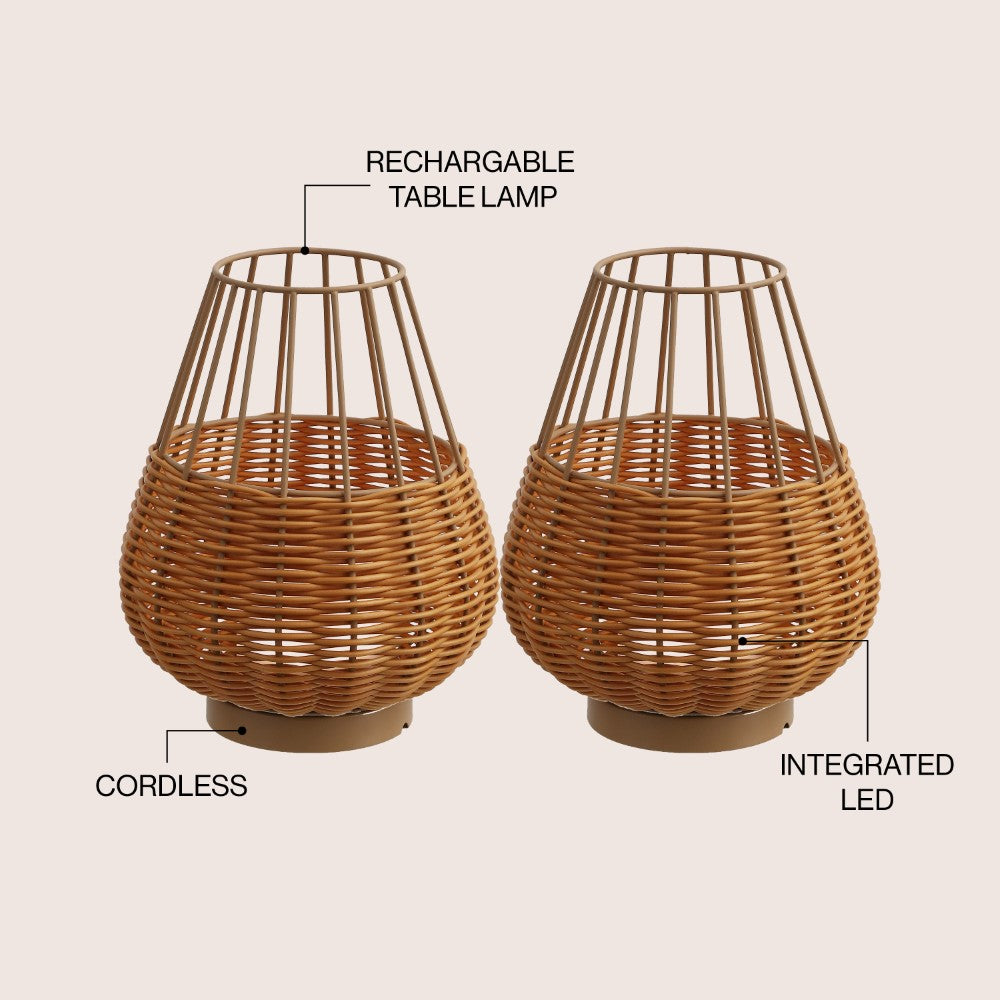 Lyra 10" Modern Rustic Decorative Indoor/Outdoor Faux Wicker Rechargeable/Cordless Dimmable Integrated LED Table Lamp, Set of 2
