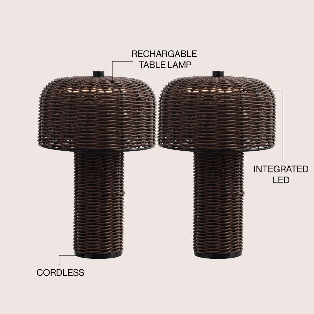 Eagle 10" Modern Scandinavian Indoor/Outdoor Faux Wicker Rechargeable/Cordless Dimmable Integrated LED Table Lamp, Set of 2
