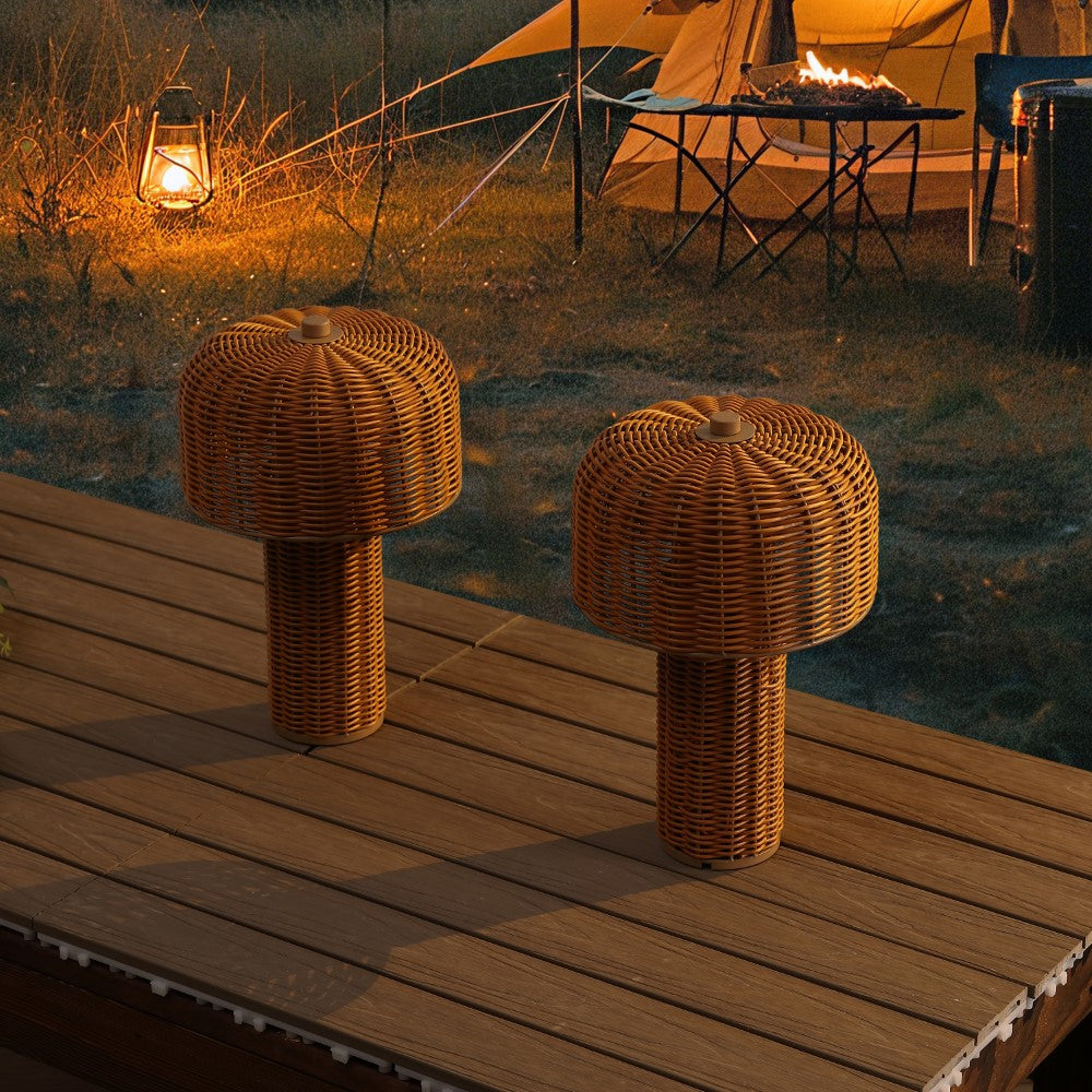Eagle 10" Modern Scandinavian Indoor/Outdoor Faux Wicker Rechargeable/Cordless Dimmable Integrated LED Table Lamp, Set of 2
