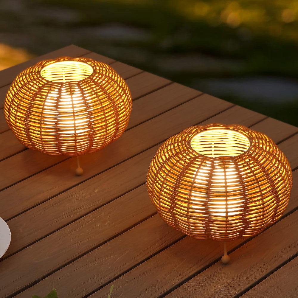 Garner 5.75" Modern Bohemian Indoor/Outdoor Faux Rattan Lantern Rechargeable/Cordless Dimmable Integrated LED Table Lamp Set 2