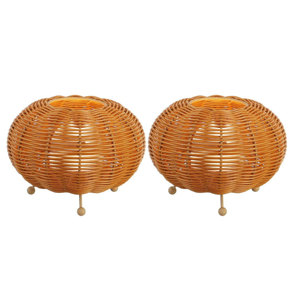 Garner 5.75" Modern Bohemian Indoor/Outdoor Faux Rattan Lantern Rechargeable/Cordless Dimmable Integrated LED Table Lamp Set 2