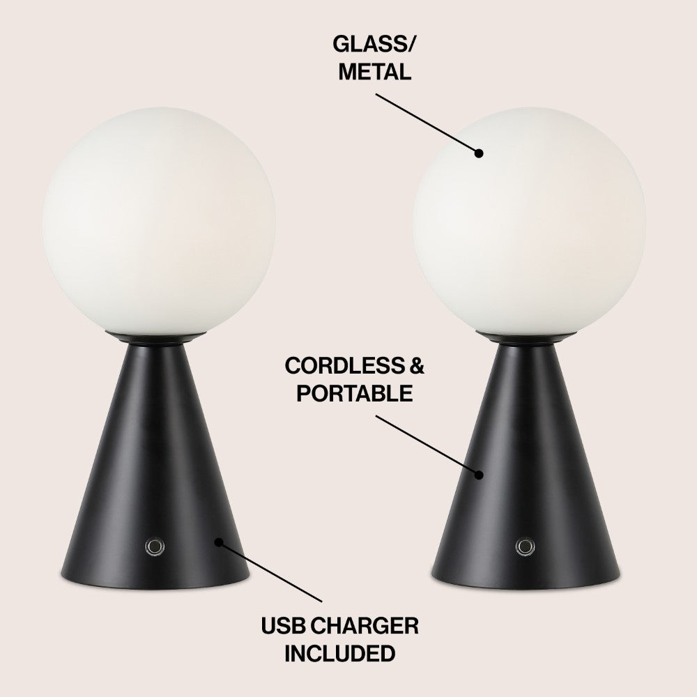Helios 11.75" Modern Minimalist Globe Rechargeable/Cordless Dimmable Integrated LED Table Lamp with Touch Sensor Set 2